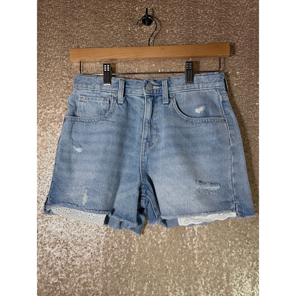 Old Navy Girls High Rise Denim Shorts Size 14 Light Wash Distressed Lace Trim
